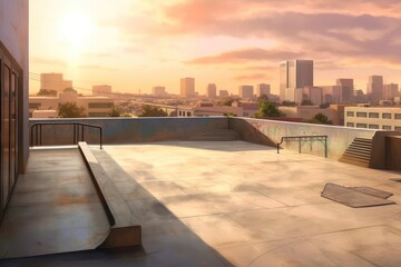 AI Generated Hyperrealism skatepark morning view in the city background