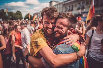 gay couple hugging at the pride parade smiling - obrazy, fototapety, plakaty