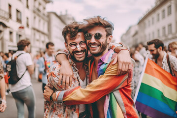 Fototapeta na wymiar gay couple hugging at the pride parade smiling with a pride parade at the back