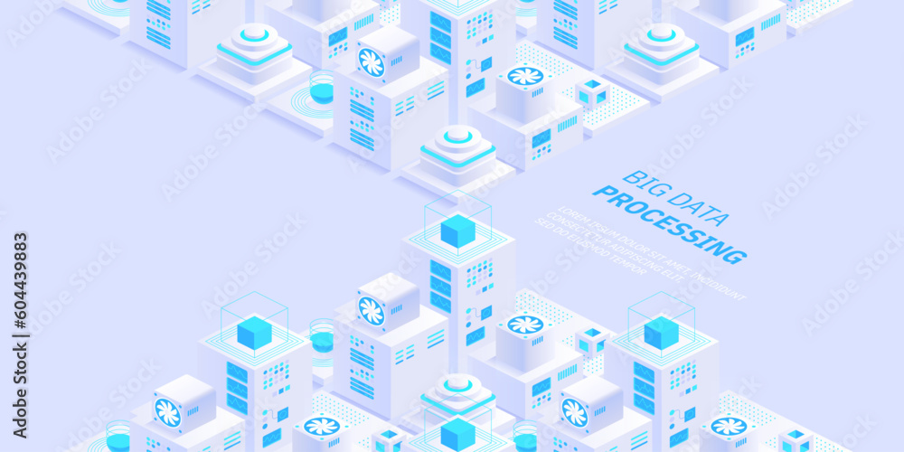 Poster vector isometric server room. quantum computer. cloud storage data center. web hosting. big data pro