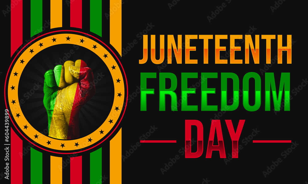 Poster juneteenth freedom day backdrop with colorful typography and random shapes design. modern juneteenth