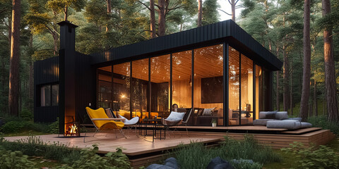 Modern luxury villa exterior in minimal style for luxury glamping. Glass cottage in the woods at night. Modern cabin house in deep forest.	digital ai