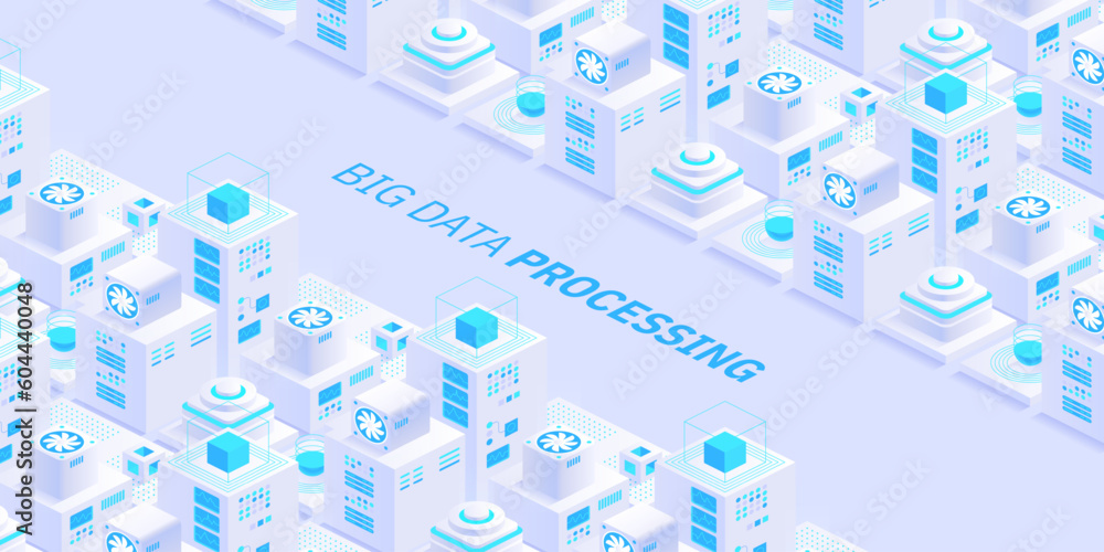 Poster vector isometric server room. quantum computer. cloud storage data center. web hosting. big data pro