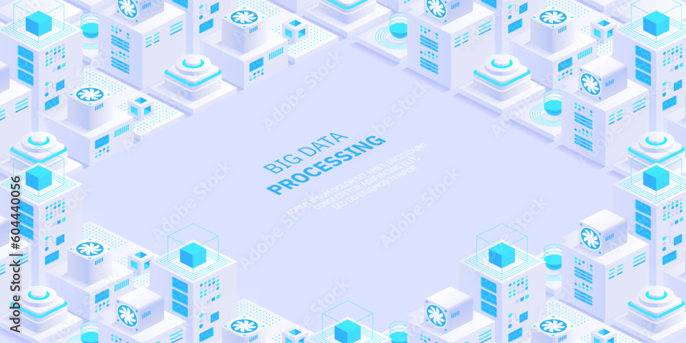 Poster vector isometric server room. quantum computer. cloud storage data center. web hosting. big data pro