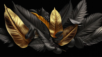Gold and black tropical palm leaves. Luxury Creative nature background. Minimal summer abstract jungle or forest pattern.	