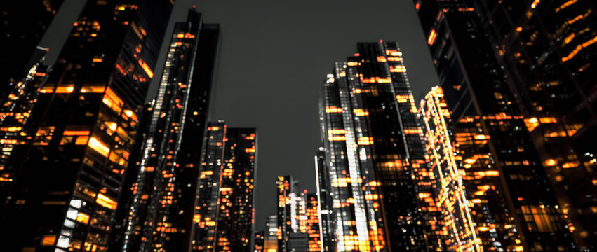 New York downtown buildings at night. Light of building city orange glow at dark night. dugital art
