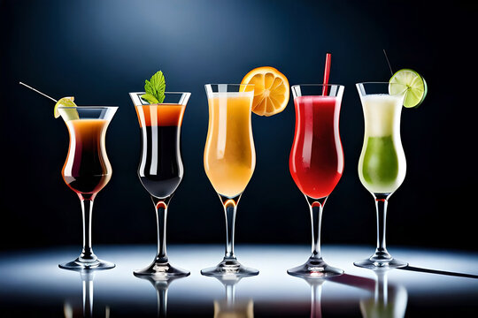 Set of various cocktails with black background