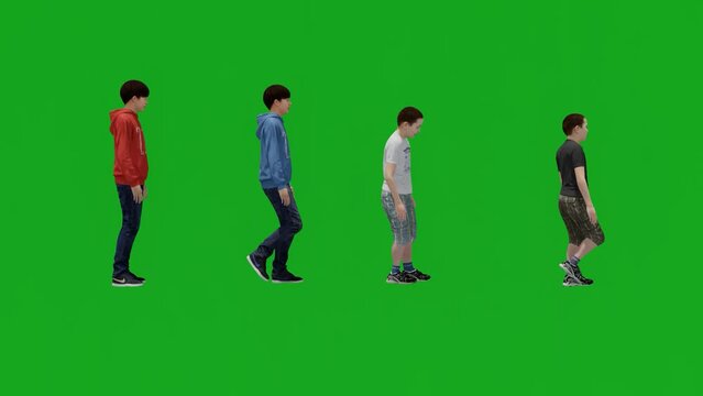 four different boys in green screen side by side talking and walking side view 3d render animation full hd animated 