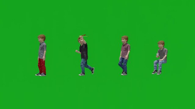 3d boys in green screen side by side view render animation