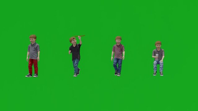 Four different boys together playing and walking and eating in 3D front view 