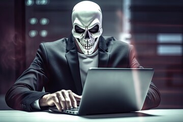 hacker stealing data . Anonymous robot hacker with skull mask typing computer laptop. Concept of hacking cybersecurity, cybercrime, cyberattack Generative AI