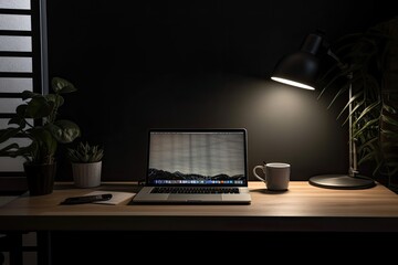Laptop computer in home office with blank, black screen. with space for your text or mockup in the copy. Generative AI