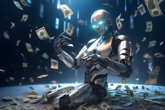 humanoid roboter ai making money, flexing money, AI-generated Image