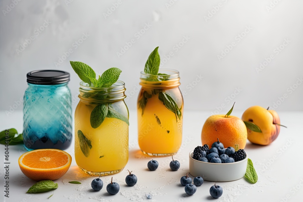 Poster rustic table adorned with colorful mason jars filled with fresh fruit. generative ai