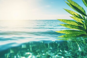 Fototapeta na wymiar green leaf adrift in the sparkling ocean on a bright day. Generative AI