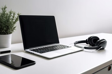 Laptop with blank screen, book, and headphone on office work desk. Generative AI