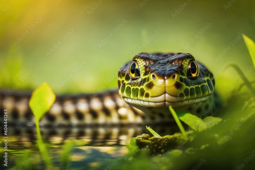 Poster close-up view of a snake hidden in the green grass. generative ai