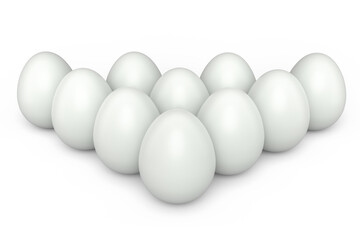 Group farm raw organic white chicken eggs standing in line or queue