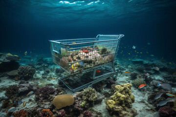 Shopping cart underwater on top of coral reef showing environmental impact of overfishing - Generative AI