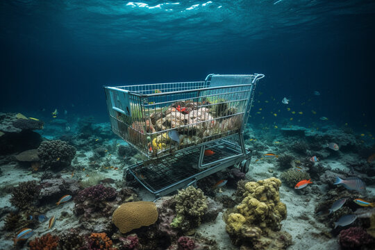 Shopping cart underwater on top of coral reef showing environmental impact of overfishing - Generative AI