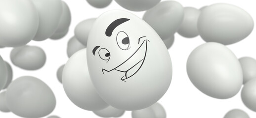 Group of flying farm white chicken eggs flying with funny face and crowd of eggs