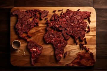 Animal suffering and cruelty represented by a world map made out of meat on a plate showing factory farming - Generative AI