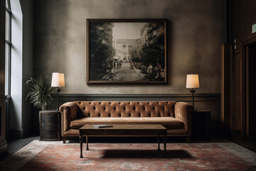 Mockup photo of big picture frame behind a couch in living room - Generative AI