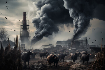 Factory farming showing air pollution and animal suffering - Generative AI