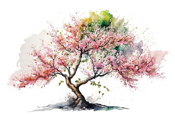 Obraz na płótnie Canvas Pink tree blossom in spring isolated on white, watercolor illustration generative AI