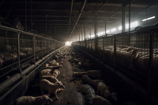 Dark side of factory farming represented by dying animals in dark room - Generative AI