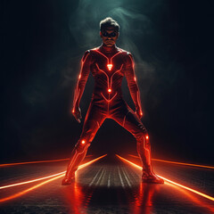 Photo realistic science-fiction, fantasy, illustration of a synthwave, warrior. Anatomy and lighting reference. Generative AI.