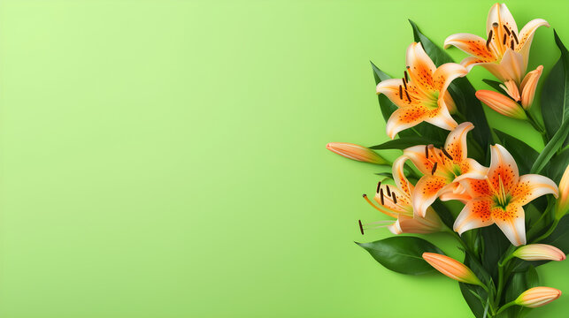 Orange Tiger Lilies on Seafoam Green Background Top View in Flat Lay Style. Copyspace for Travel or Summer Sale Banner