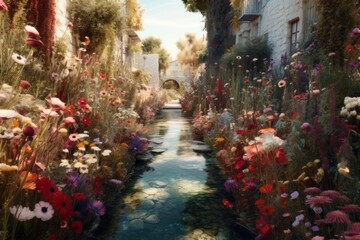 Fototapeta na wymiar AI Generated hyperrealistic A path full of flowers background