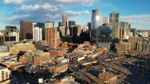 2023 - Excellent aerial footage of skyscrapers in downtown Denver, Colorado.