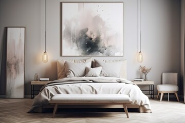 Light, adorable, and comfortable home interior bedroom. blank canvases. Generative AI