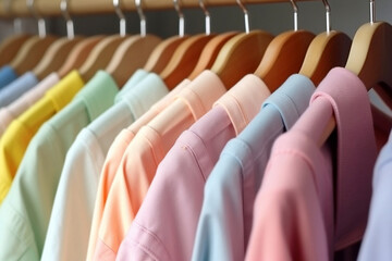 Rainbow Wardrobe: A Colorful Selection of Clothes Hanging on Hangers, generative AI