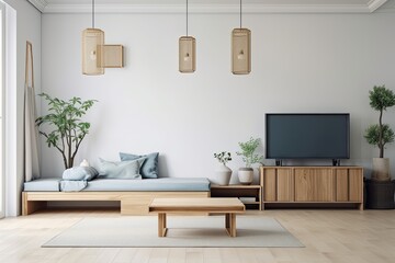 Japanese living room with sofa and cabinet against white wall,. Generative AI