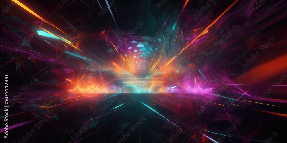 Poster cosmic background with colorful laser lights and broken fractal elements. generative ai aig21.