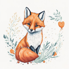 Fototapeta premium Cute fox with flowers, leaves and hearts. Watercolor illustration.