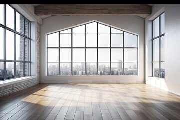 Large window in a white, empty room with wood floors. interior mock up of a loft. blank home space. Generative AI
