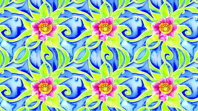 An abstract downward scrolling Art Nouveau floral pattern motion graphic background. Pattern designed with ai generated elements.