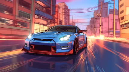 Fototapeta premium Car drifting action scene in the city at night concept art speed race , AI 
