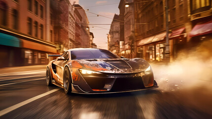 Obraz na płótnie Canvas Car drifting action scene in the city at night concept art speed race , AI 