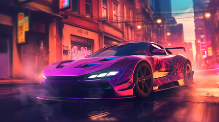 Fototapeta na wymiar Car drifting action scene in the city at night concept art speed race , AI 