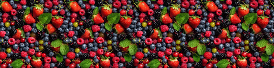 Creative food summer berry fruit banner panorama wallpaper, seamless pattern texture - Top view of many fresh berries blueberries, raspberries, blackberries, strawberries and leaves  (Generative Ai)