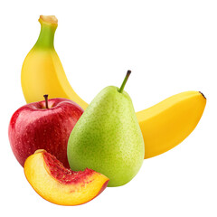 Apple, Banana, Pear, Peach isolated on white background, full depth of field