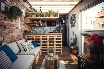 cozy living room with a stylish couch, a wooden coffee table, and a vibrant potted plant. Generative AI