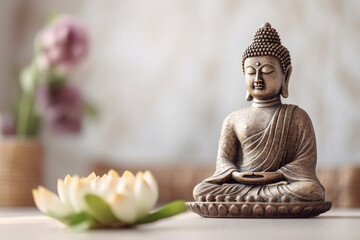 Searching for peace: Buddha in meditation with lotus flower, generative AI