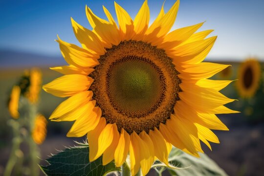 vibrant sunflower standing tall in a picturesque field under a bright blue sky. Generative AI