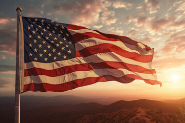 USA national flag at sunset. Waving american flag as liberty symbol. Banner for celebrating Independence Day. Created with Generative AI